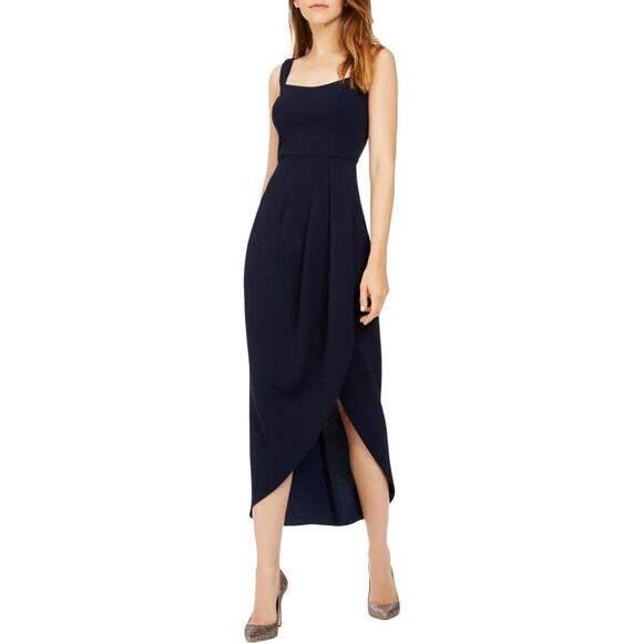XSCAPE NEW $189 Navy Ruched Crepe Sleeveless Midi Dress Tulip Hem Size 12 - Picture 1 of 6